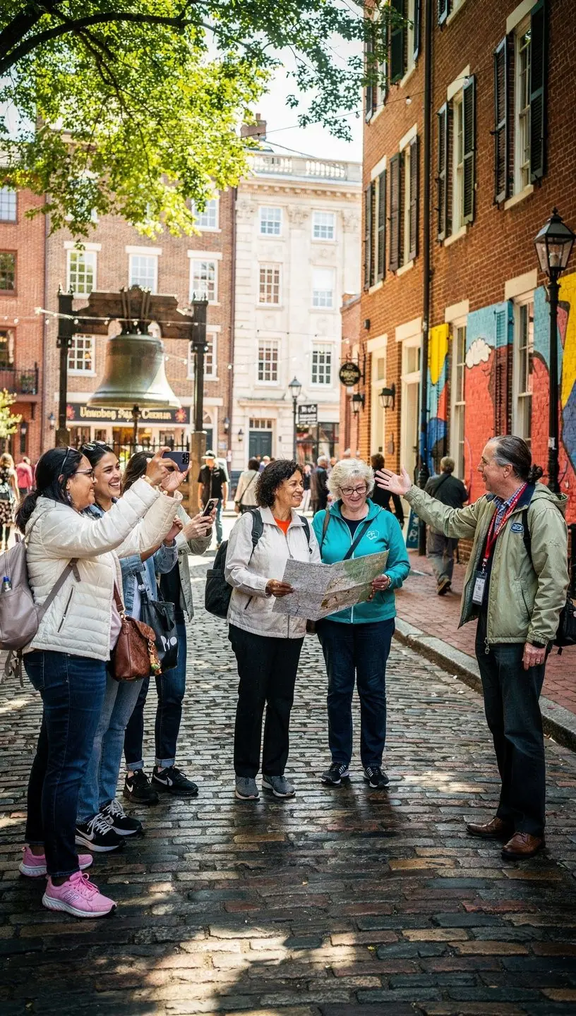 Znak informacyjny wskazujący kierunek do najpopularniejszych miejsc w okolicy.